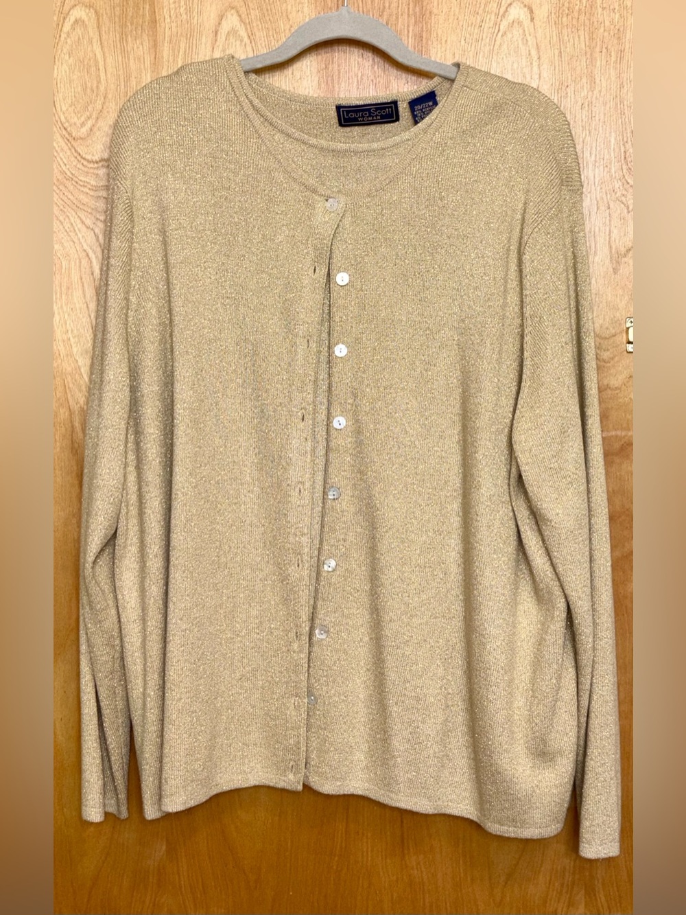 Laura Scott Shimmering Tan Crewneck Button Cardigan